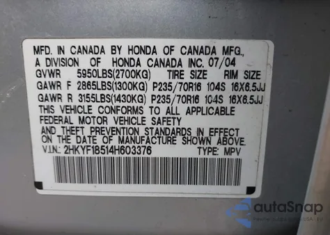2004 Honda Pilot Exl from USA, damaged, VIN 2HKYF18514H603376